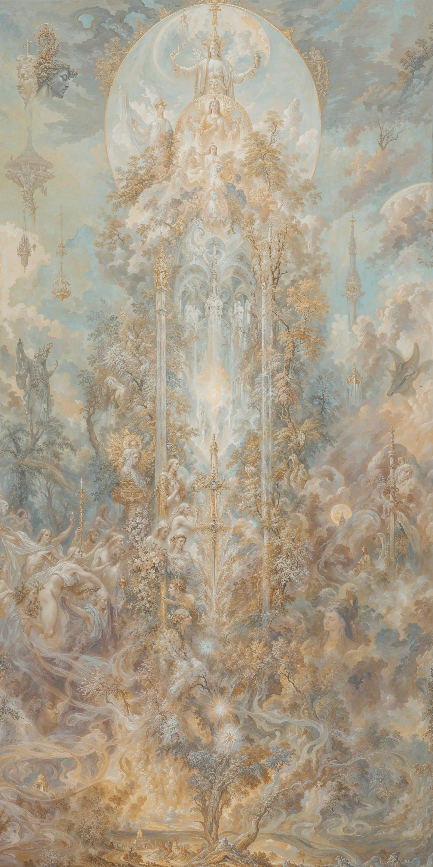 Angelic figures and a golden cathedral rising through clouds