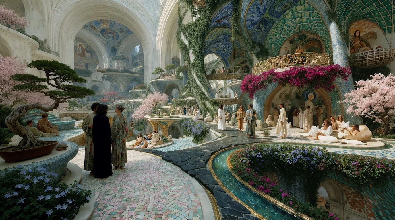 A vaulted courtyard with flowering gardens and communal gathering spaces
