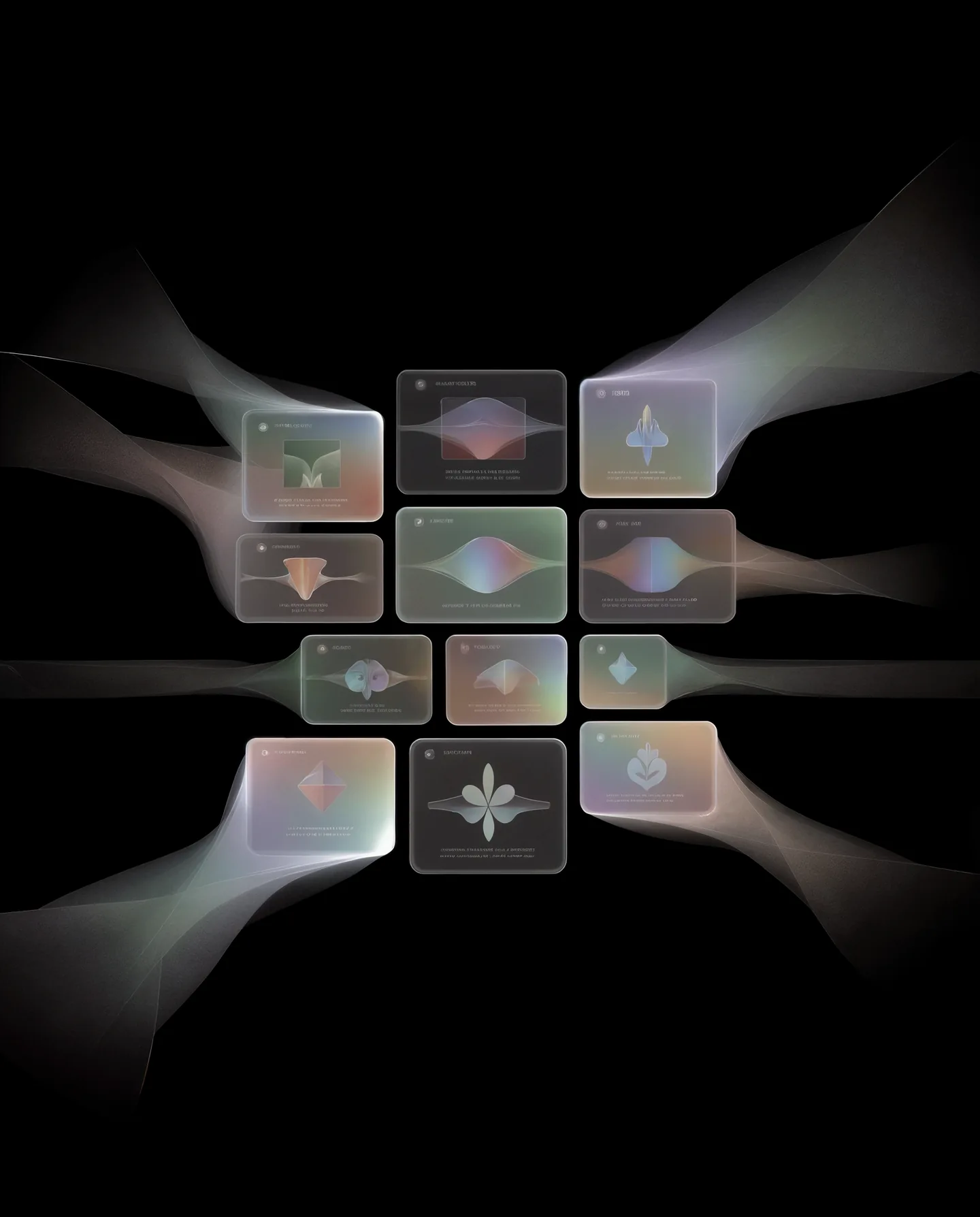 Translucent personal cards linked by flowing threads of light