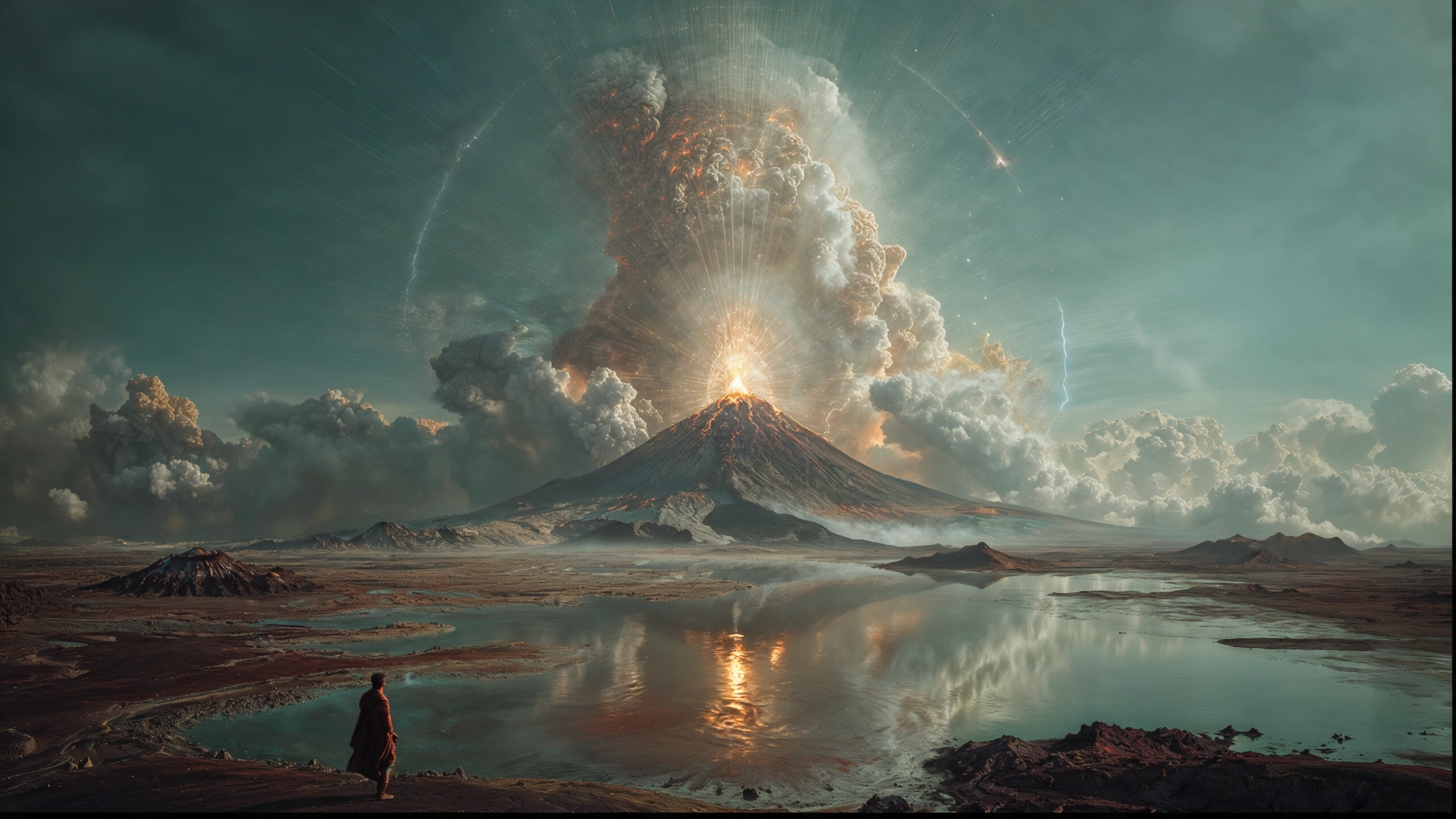 A volcanic eruption reflected in still water beneath a luminous sky