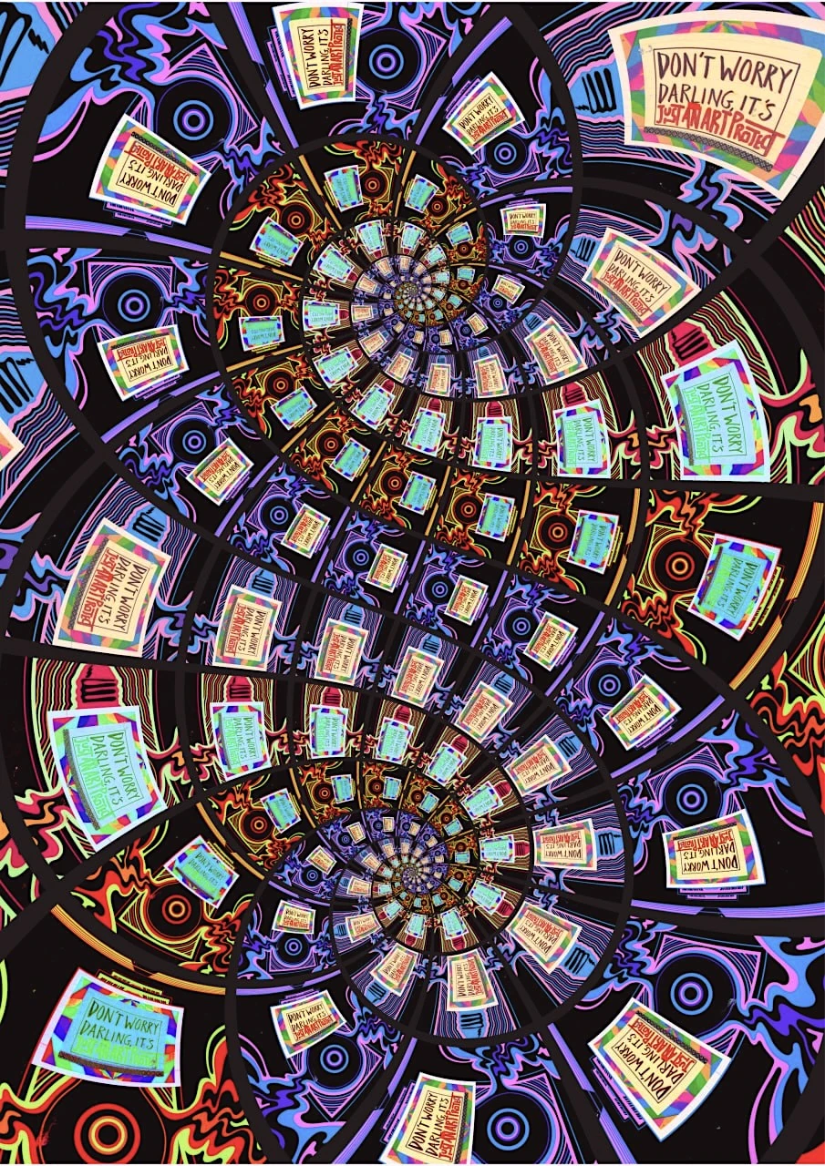 A spiral of colourful cards reading Don’t worry darling, it’s just an art project