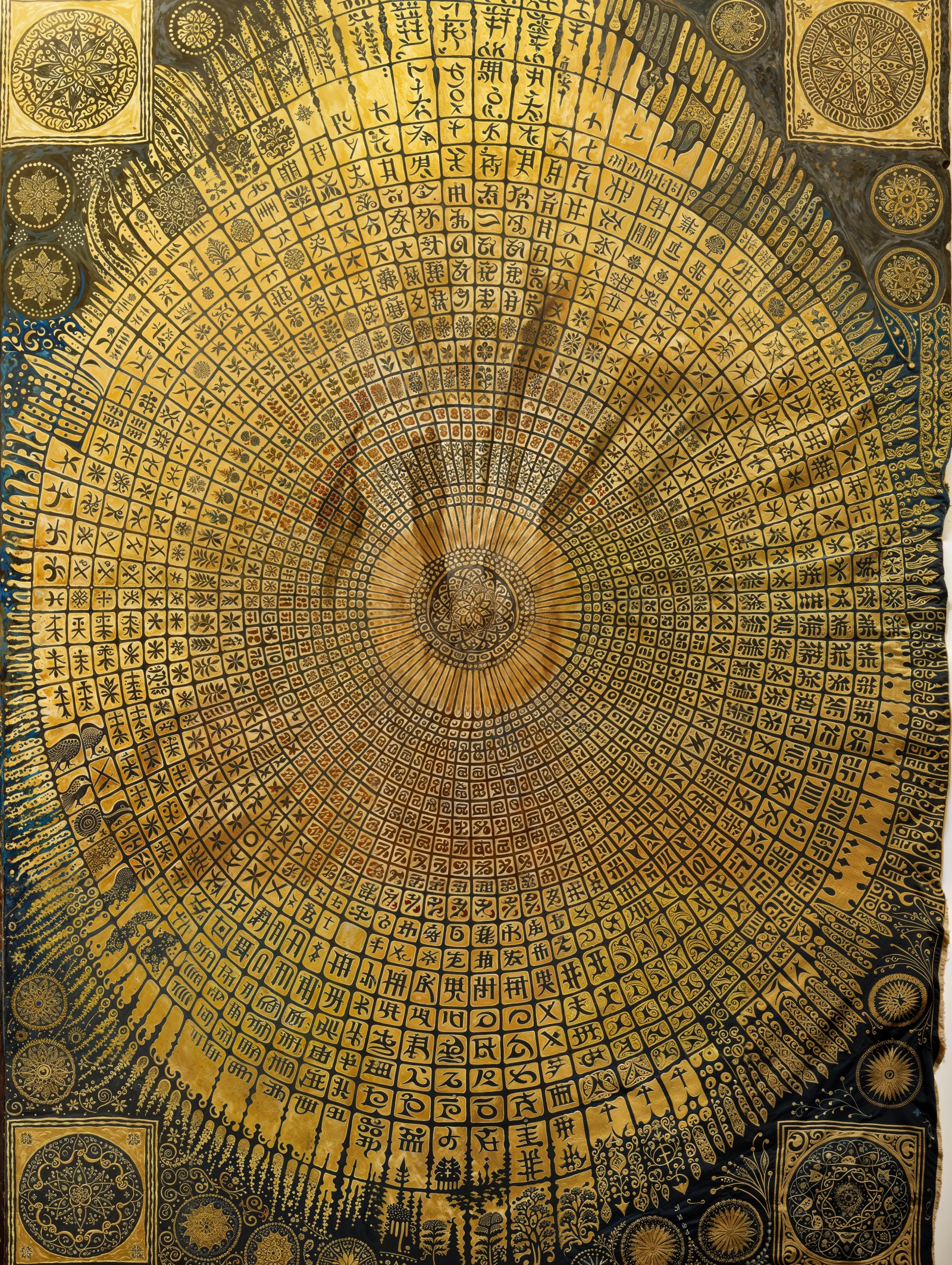 Ancient golden cloth covered with radial symbolic inscriptions