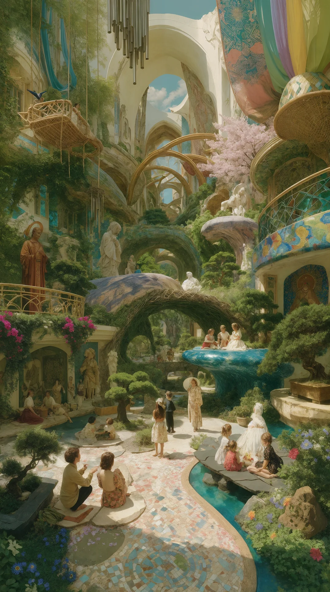 Garden bridges and mosaic arcades within a living atrium