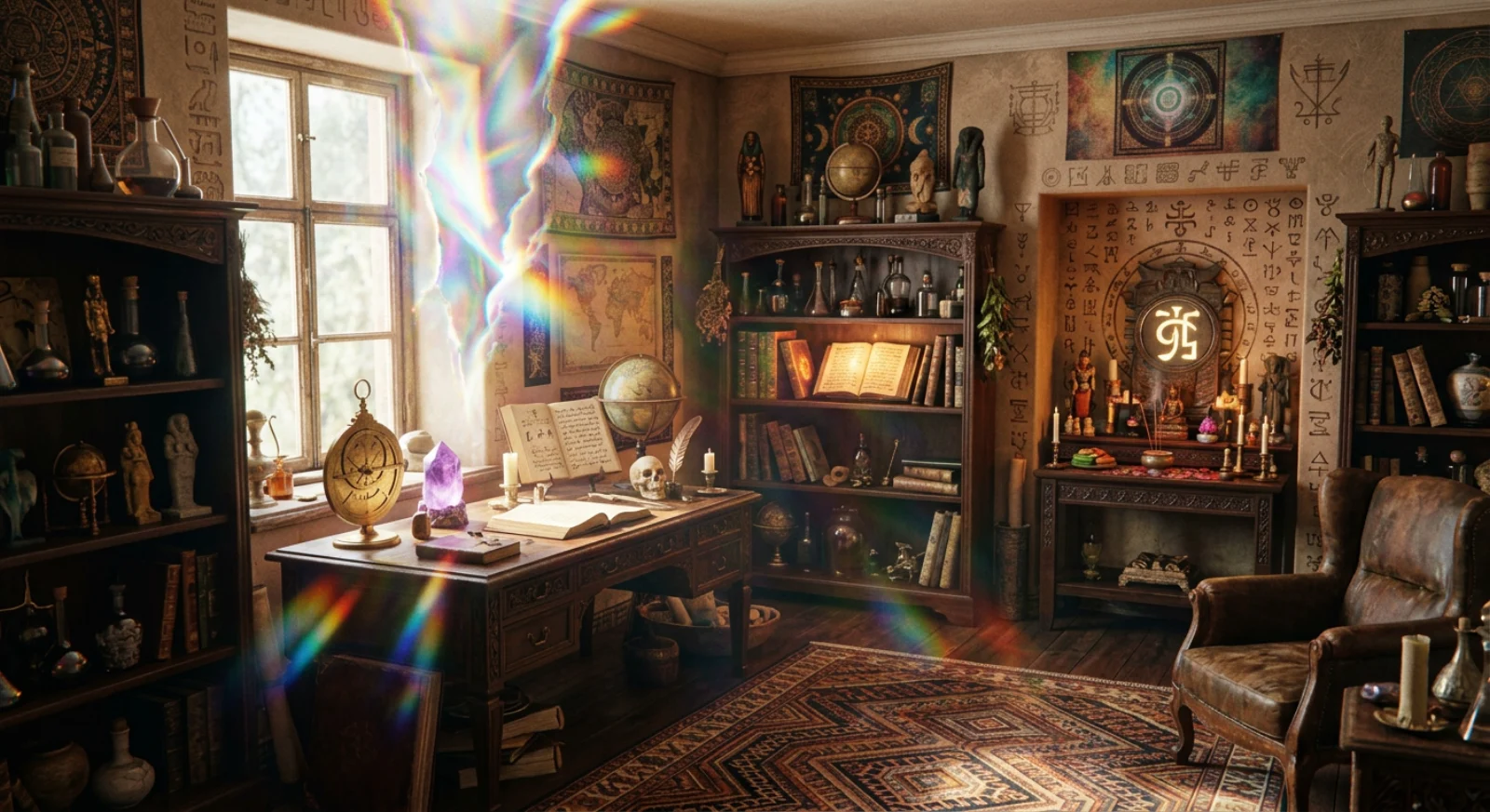 A master’s workshop with books, ritual objects and iridescent light