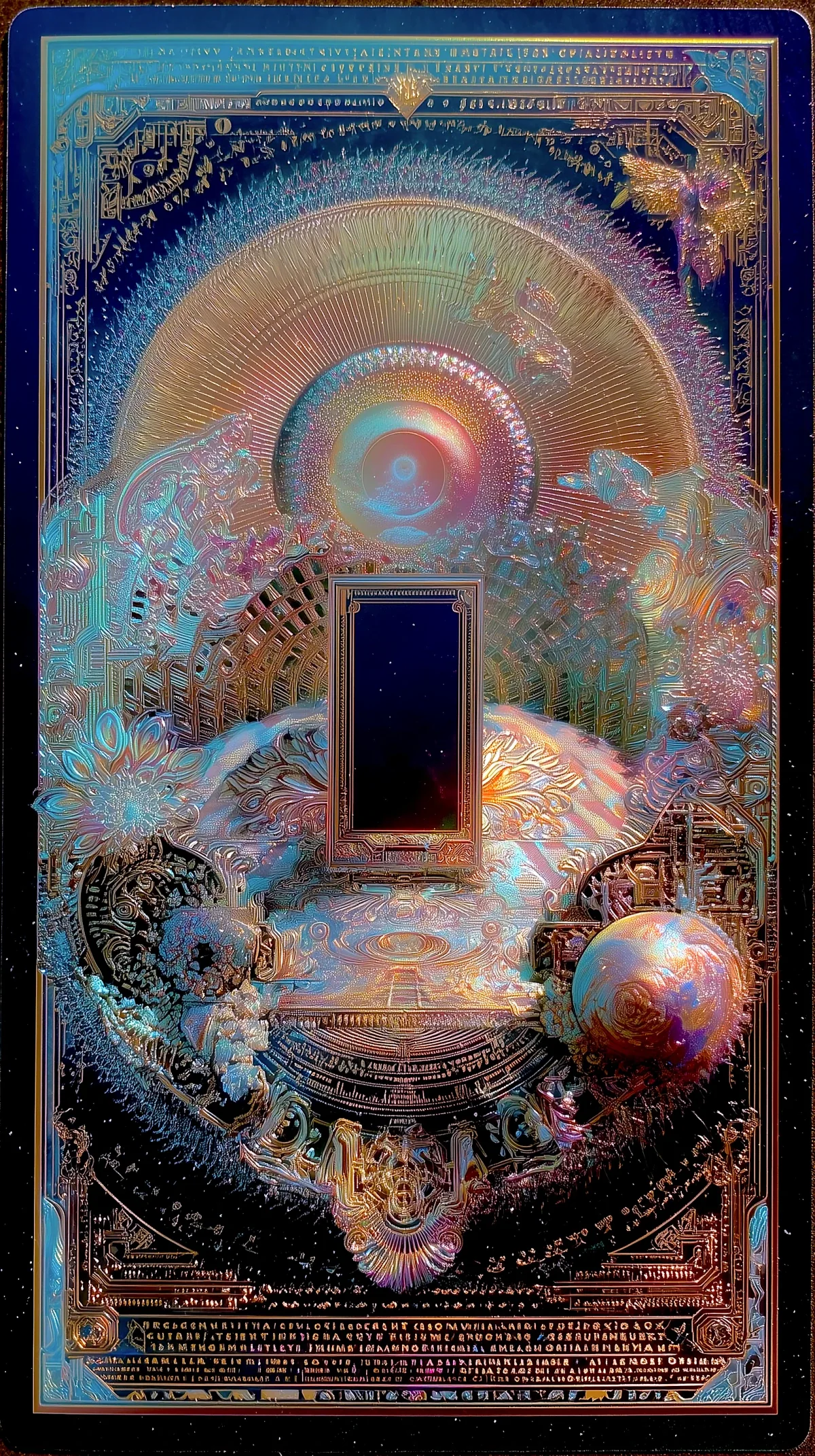 An iridescent oracle card framing a portal
