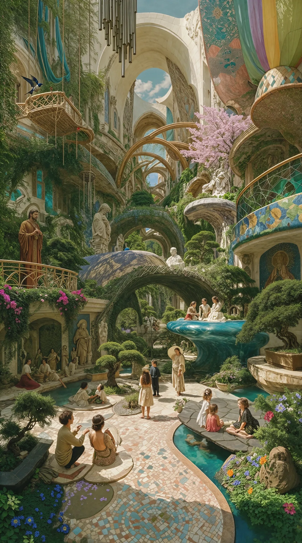Garden bridges and mosaic arcades within a living atrium