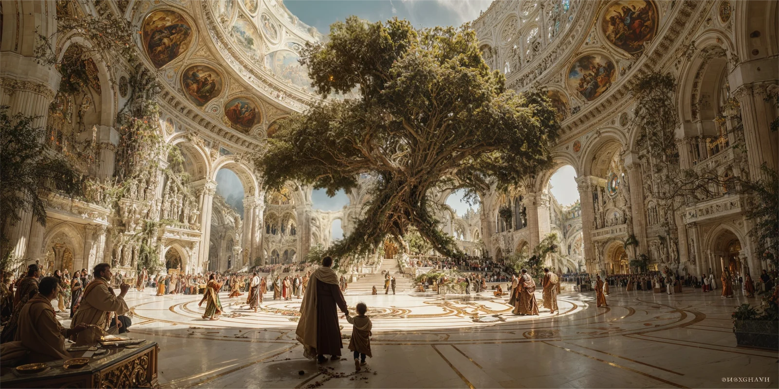 A great tree at the centre of an ornate communal hall