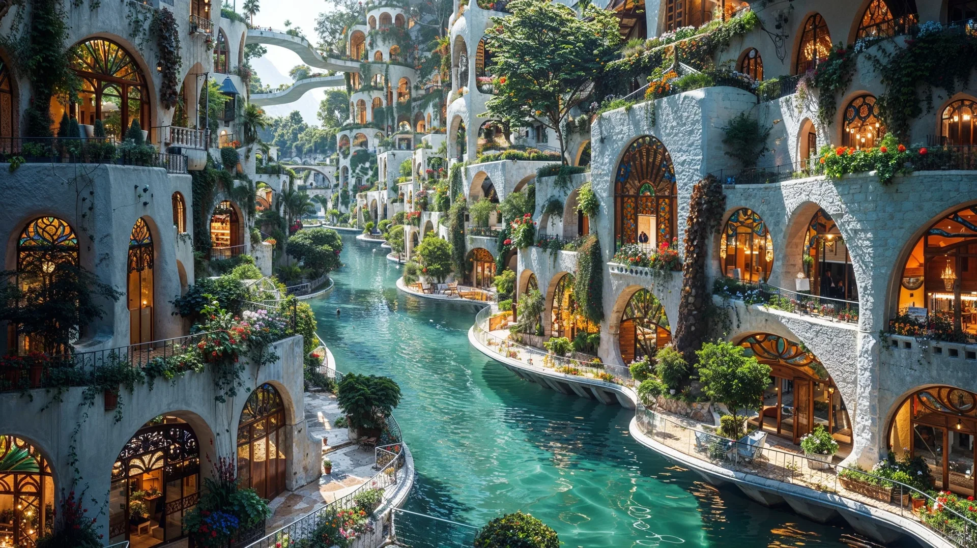 A sunlit waterway through a planted Mediterranean city