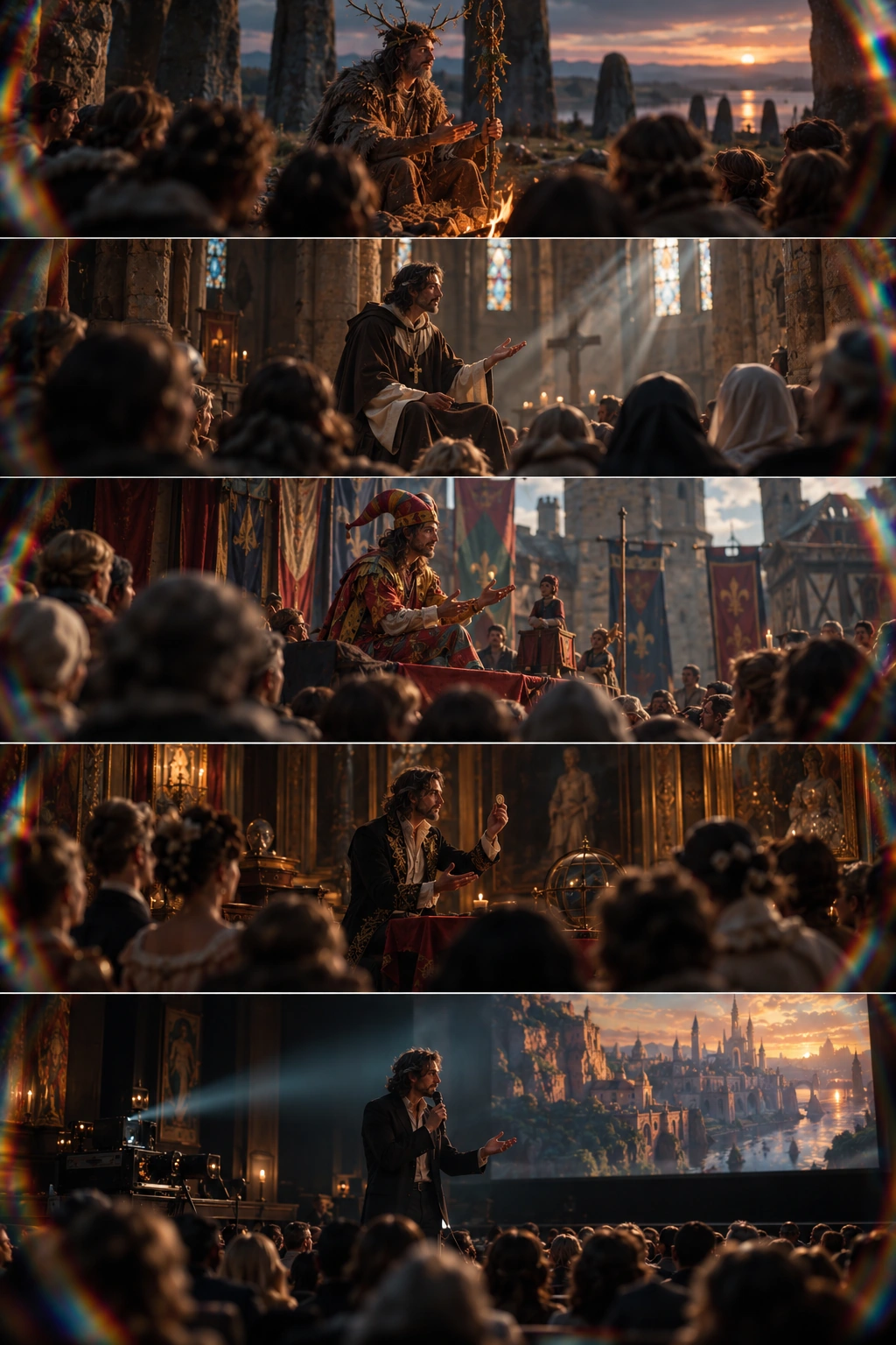 A storyteller gathering audiences across five eras, from a fire circle to a cinema