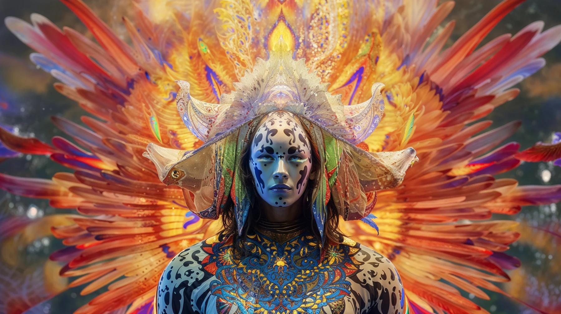 The trickster archetype in a radiant feathered headdress