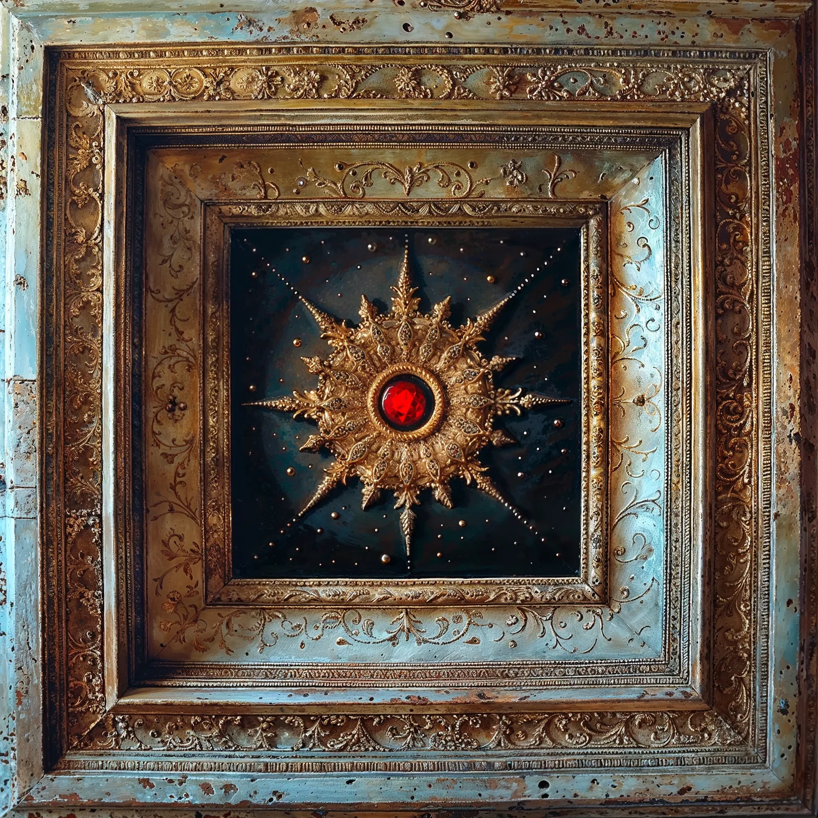 An ornate framed star with a central red gemstone