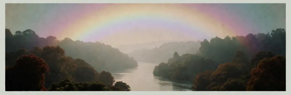 Rainbow over a wooded river